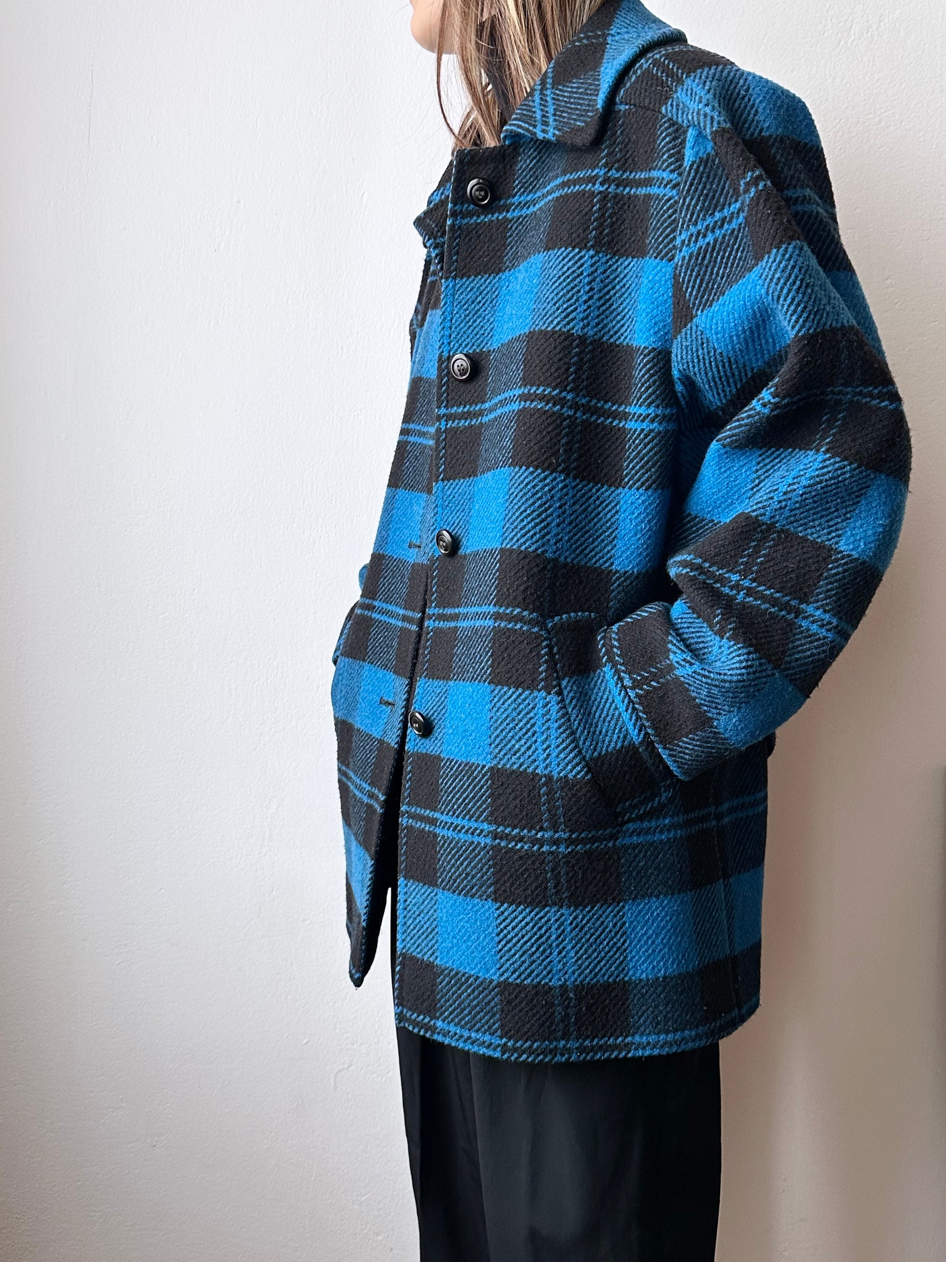 1980s VEB plaid wool coat turtan check checkered blue black 80s East German Germany DDR 80's 1980's jacket vintage clothing clothes Prague Praha Czech 古着 古着屋 プラハ TOTO　チェコ ヴィンテージ ヴィンテージショップ ヴィンテージストア