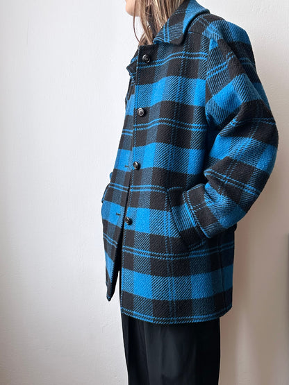 1980s VEB plaid wool coat turtan check checkered blue black 80s East German Germany DDR 80's 1980's jacket vintage clothing clothes Prague Praha Czech 古着 古着屋 プラハ TOTO　チェコ ヴィンテージ ヴィンテージショップ ヴィンテージストア