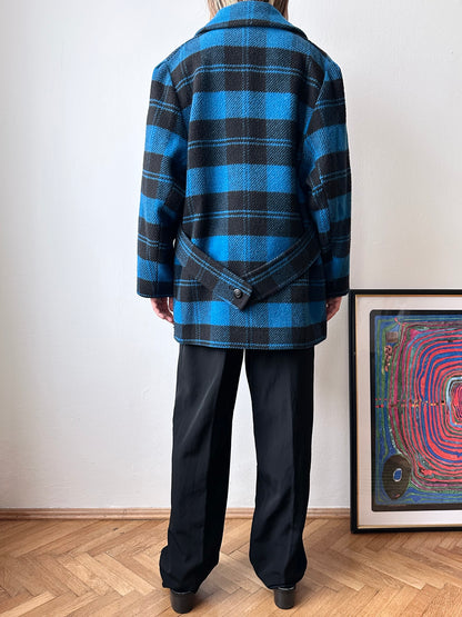 1980s VEB plaid wool coat turtan check checkered blue black 80s East German Germany DDR 80's 1980's jacket vintage clothing clothes Prague Praha Czech 古着 古着屋 プラハ TOTO　チェコ ヴィンテージ ヴィンテージショップ ヴィンテージストア