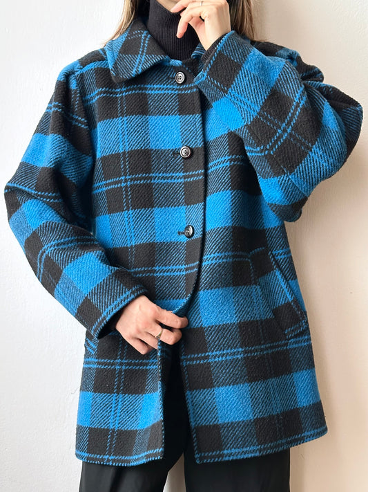 1980s VEB plaid wool coat turtan check checkered blue black 80s East German Germany DDR 80's 1980's jacket vintage clothing clothes Prague Praha Czech 古着 古着屋 プラハ TOTO　チェコ ヴィンテージ ヴィンテージショップ ヴィンテージストア