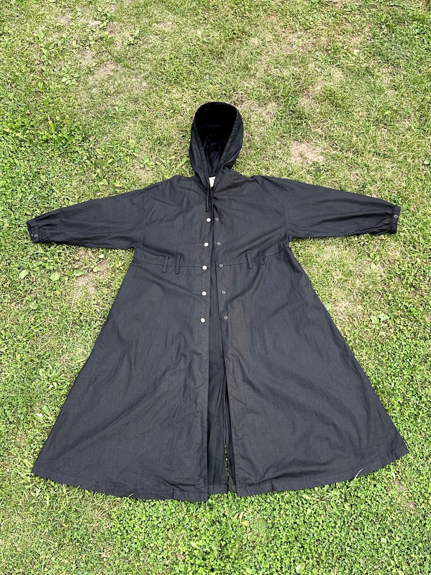 80s Italy black cotton hooded coat with belt