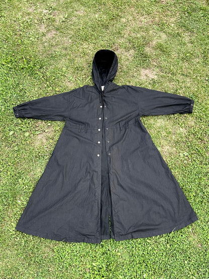 80s Italy black cotton hooded coat with belt