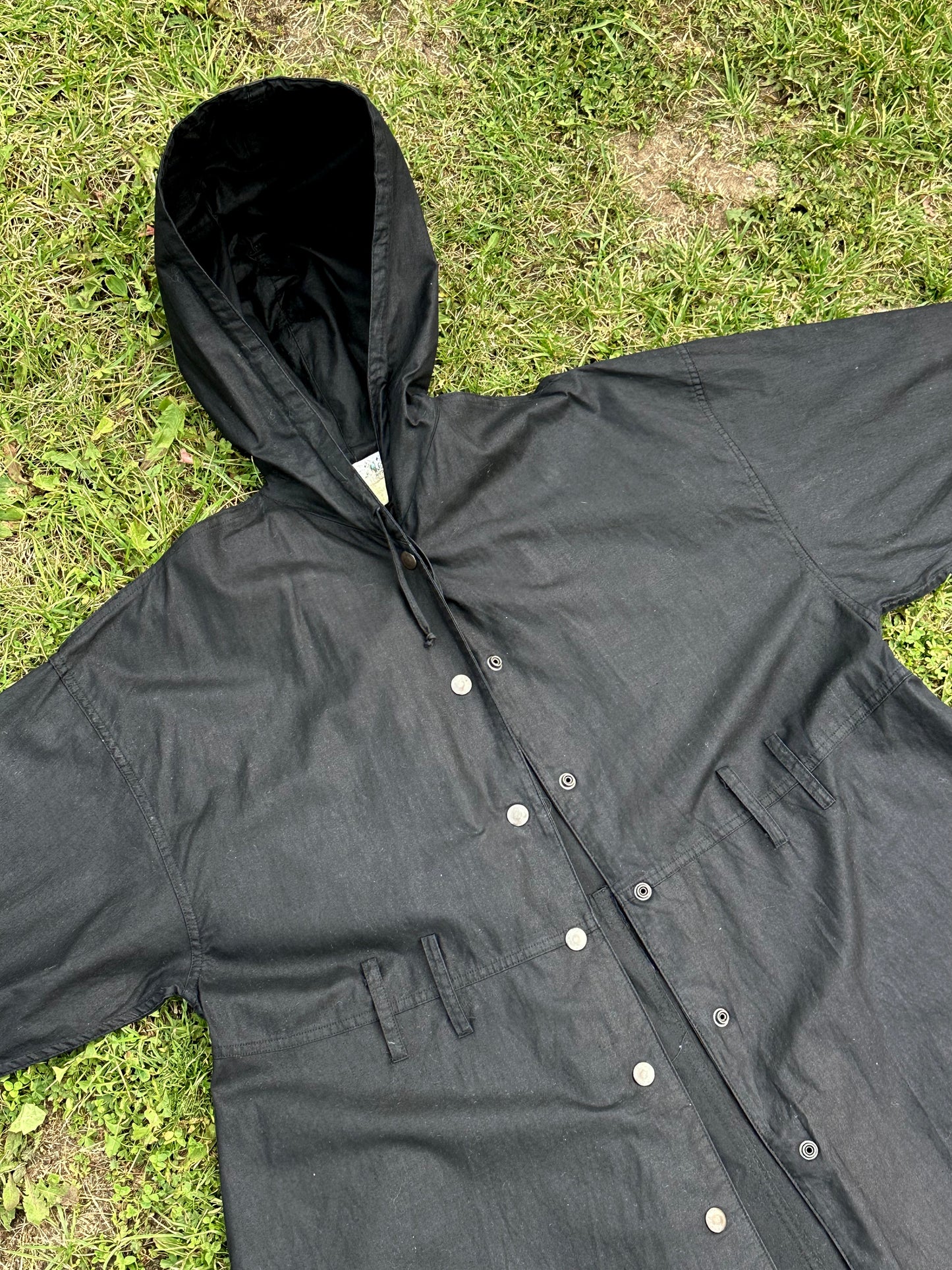 80s Italy black cotton hooded coat with belt