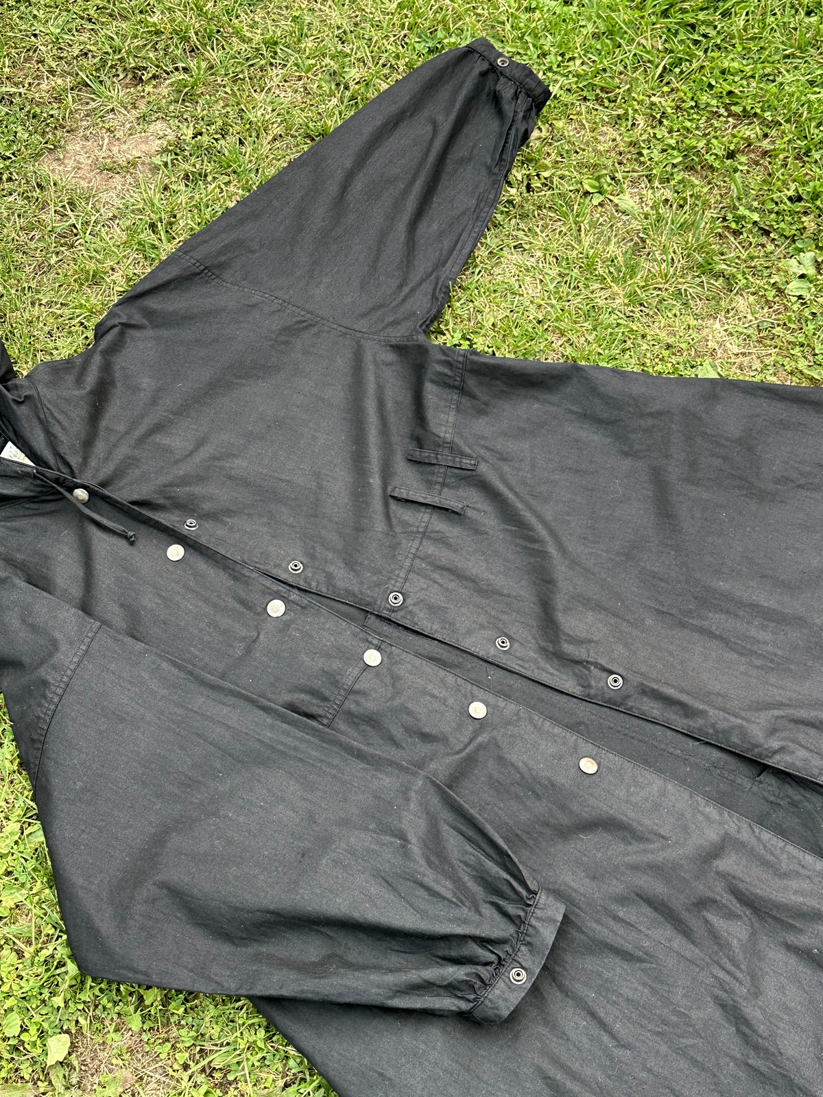 80s Italy black cotton hooded coat with belt