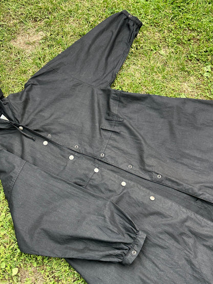 80s Italy black cotton hooded coat with belt