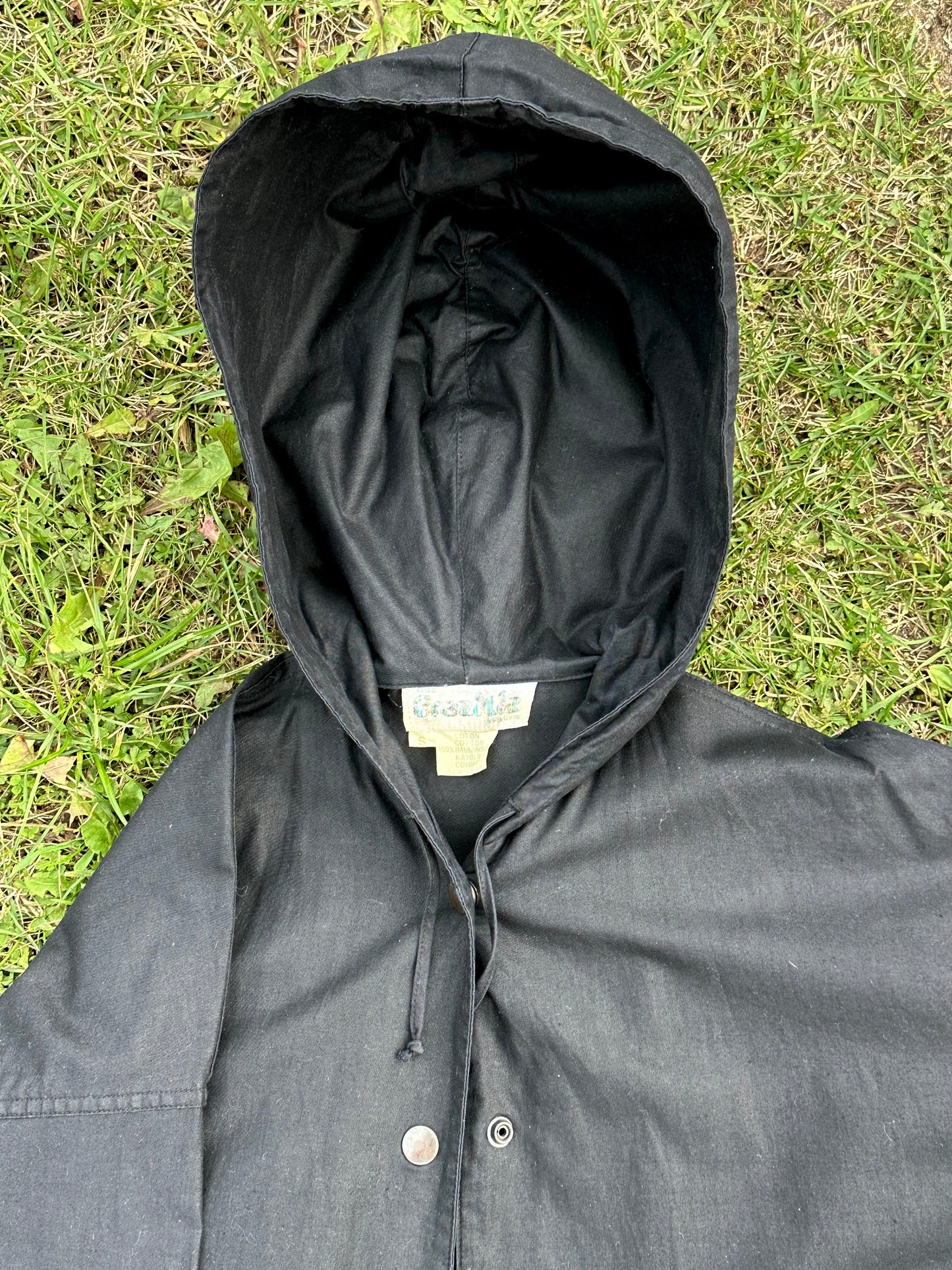 80s Italy black cotton hooded coat with belt