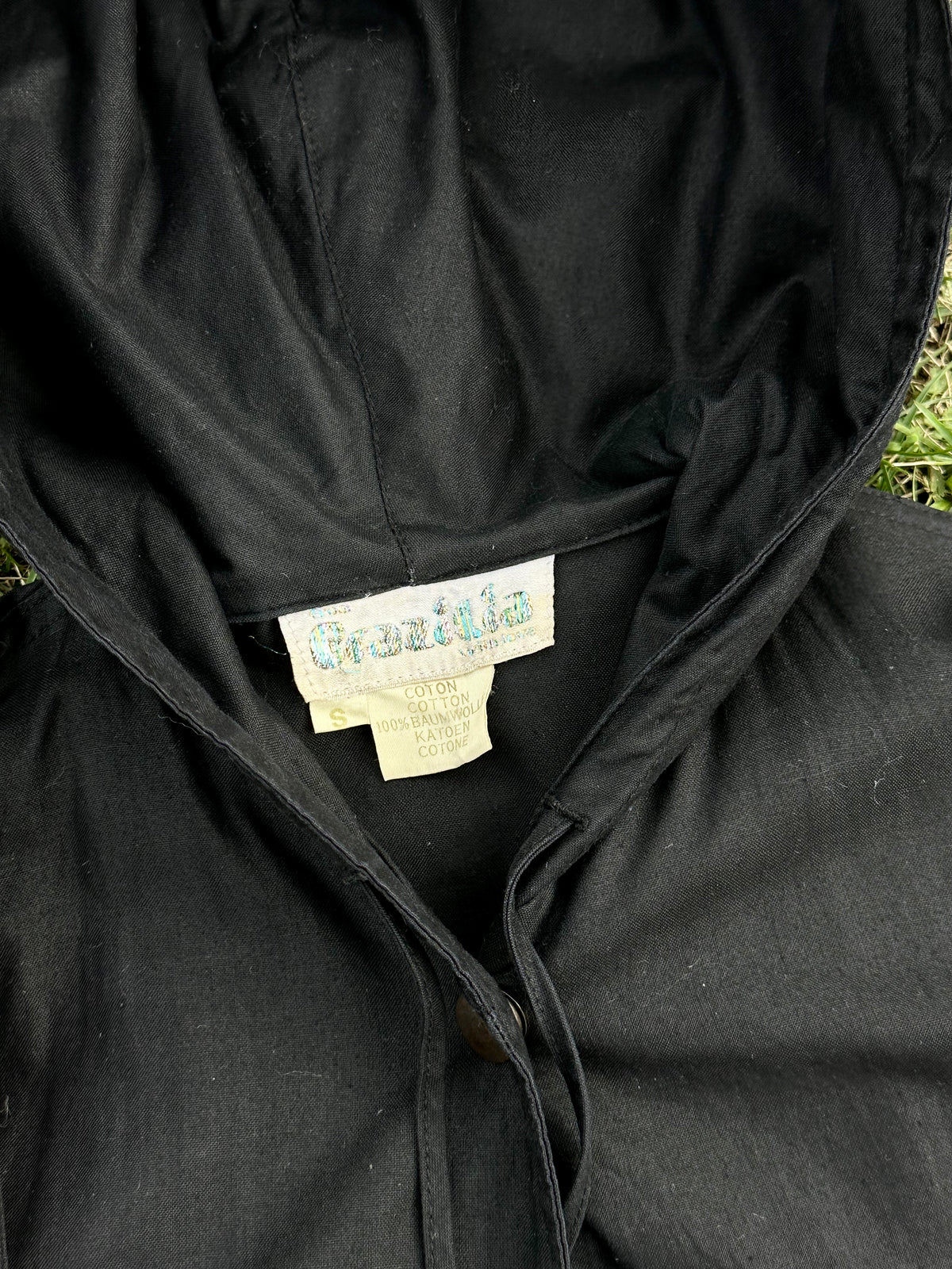 80s Italy black cotton hooded coat with belt