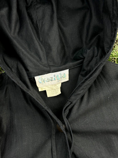 80s Italy black cotton hooded coat with belt