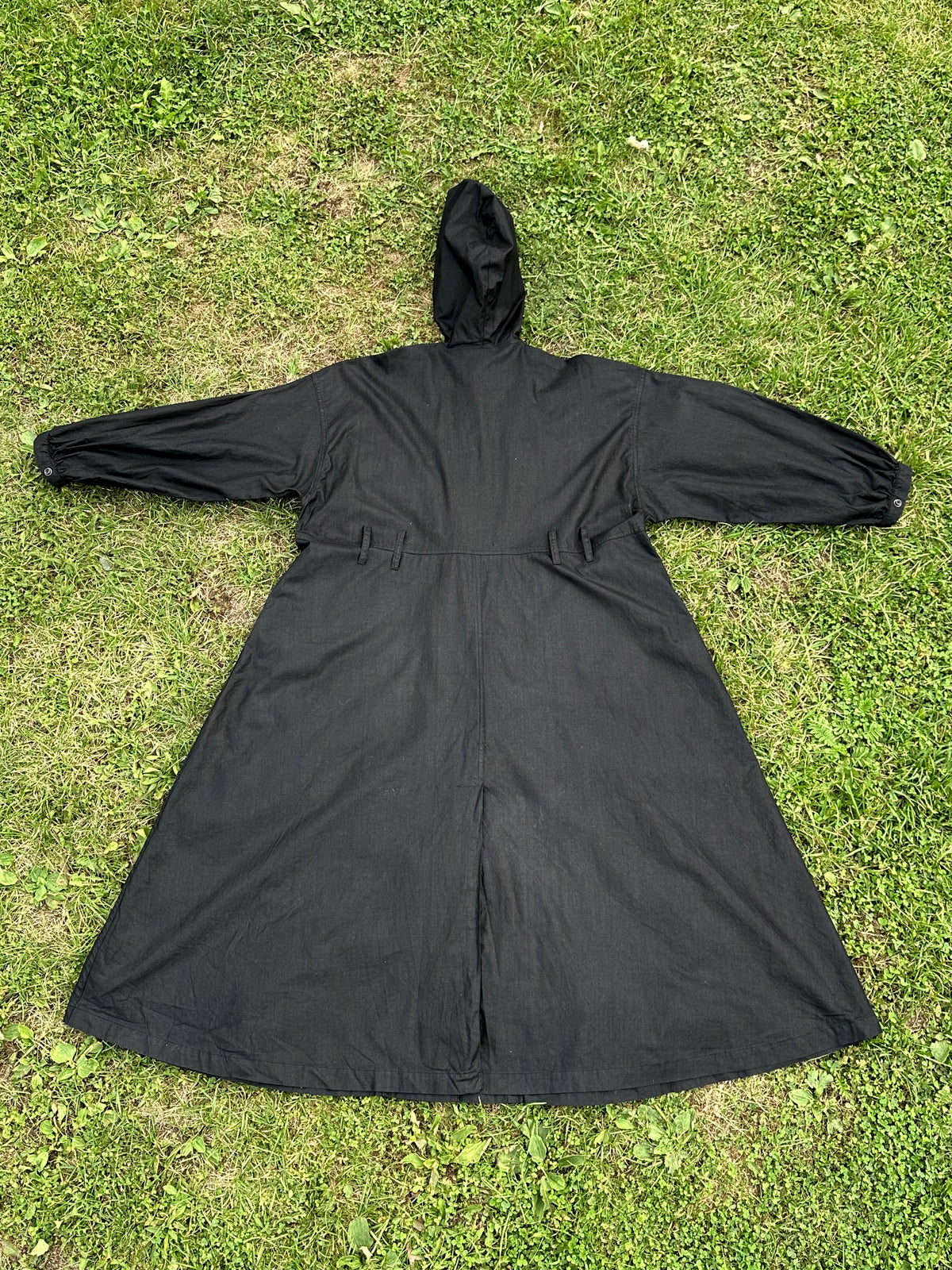 80s Italy black cotton hooded coat with belt