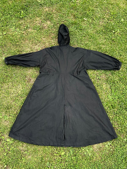 80s Italy black cotton hooded coat with belt