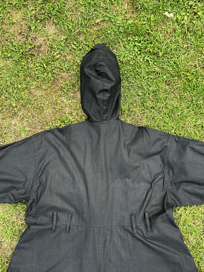 80s Italy black cotton hooded coat with belt