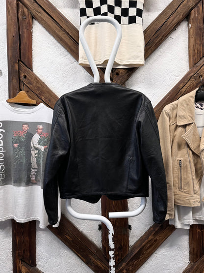 80s Italy lamb leather collarless jacket