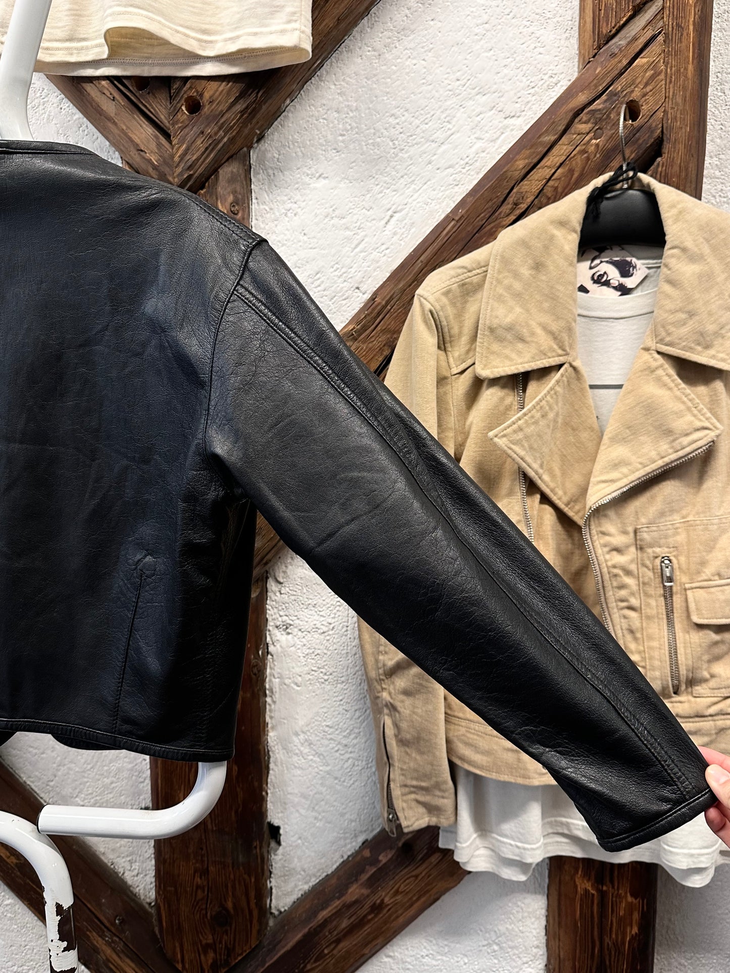 80s Italy lamb leather collarless jacket