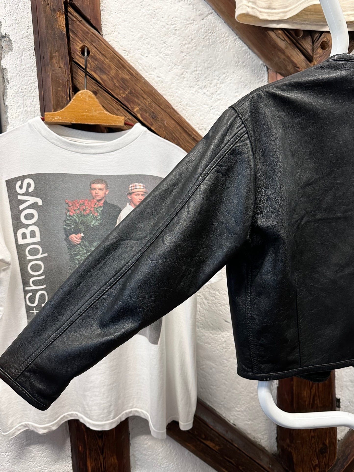 80s Italy lamb leather collarless jacket