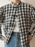 80s 80's 1980s 1980's gingham check plaid shirt blouse french France china button stand collar ギンガムチェック ブラウス シャツ チェックブラウス スタンドカラー フランス