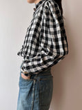 80s France gingham plaid with china button blouse