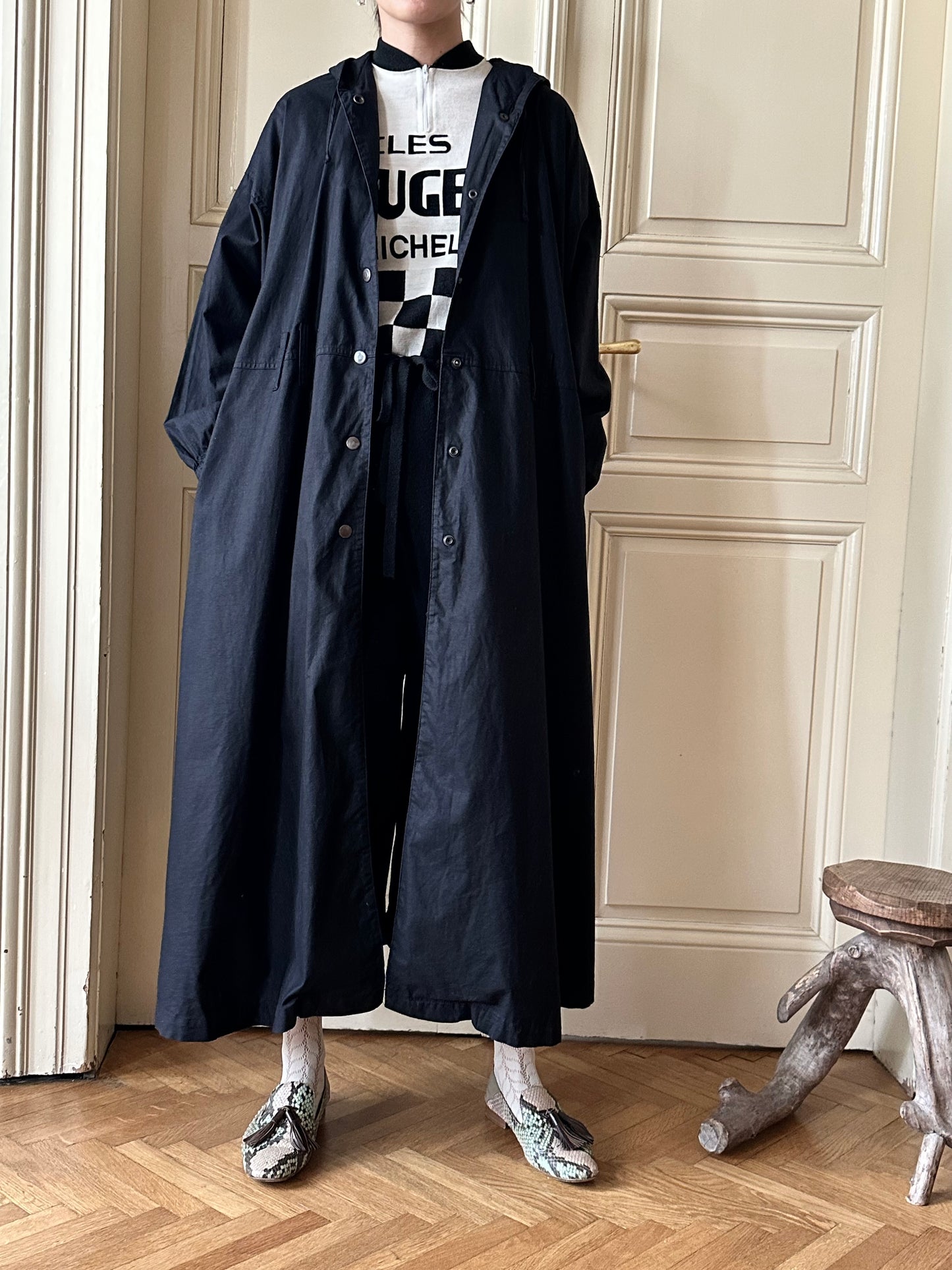80s Italy black cotton hooded coat with belt