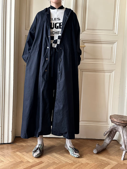 80s Italy black cotton hooded coat with belt