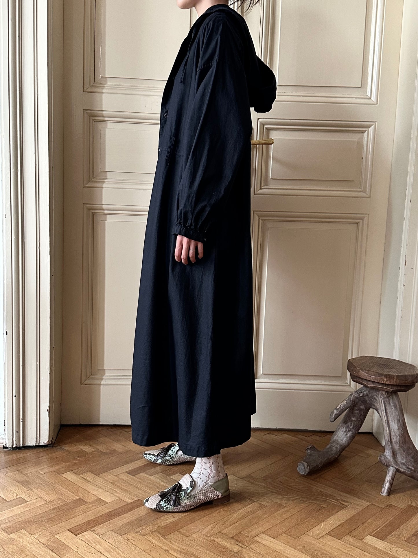 80s Italy black cotton hooded coat with belt