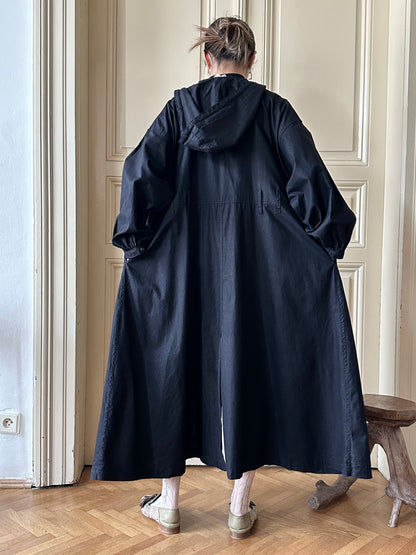 80s Italy black cotton hooded coat with belt