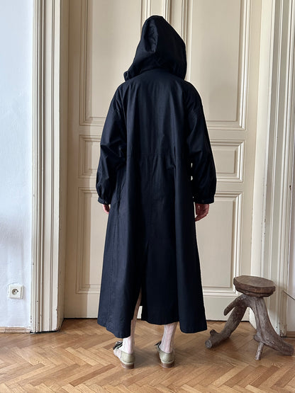 80s Italy black cotton hooded coat with belt