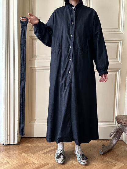 80s Italy black cotton hooded coat with belt