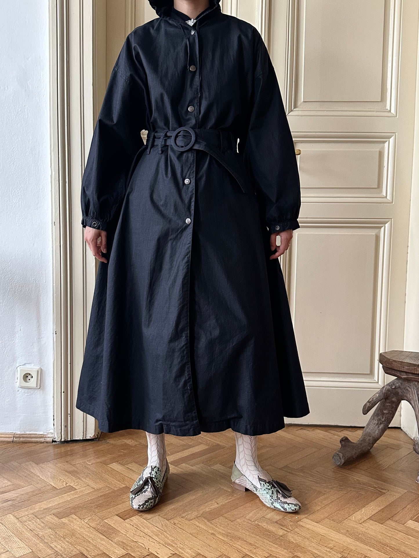 80s Italy black cotton hooded coat with belt