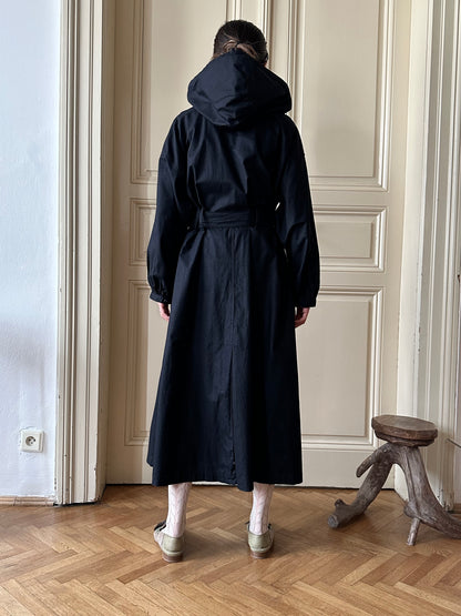80s Italy black cotton hooded coat with belt