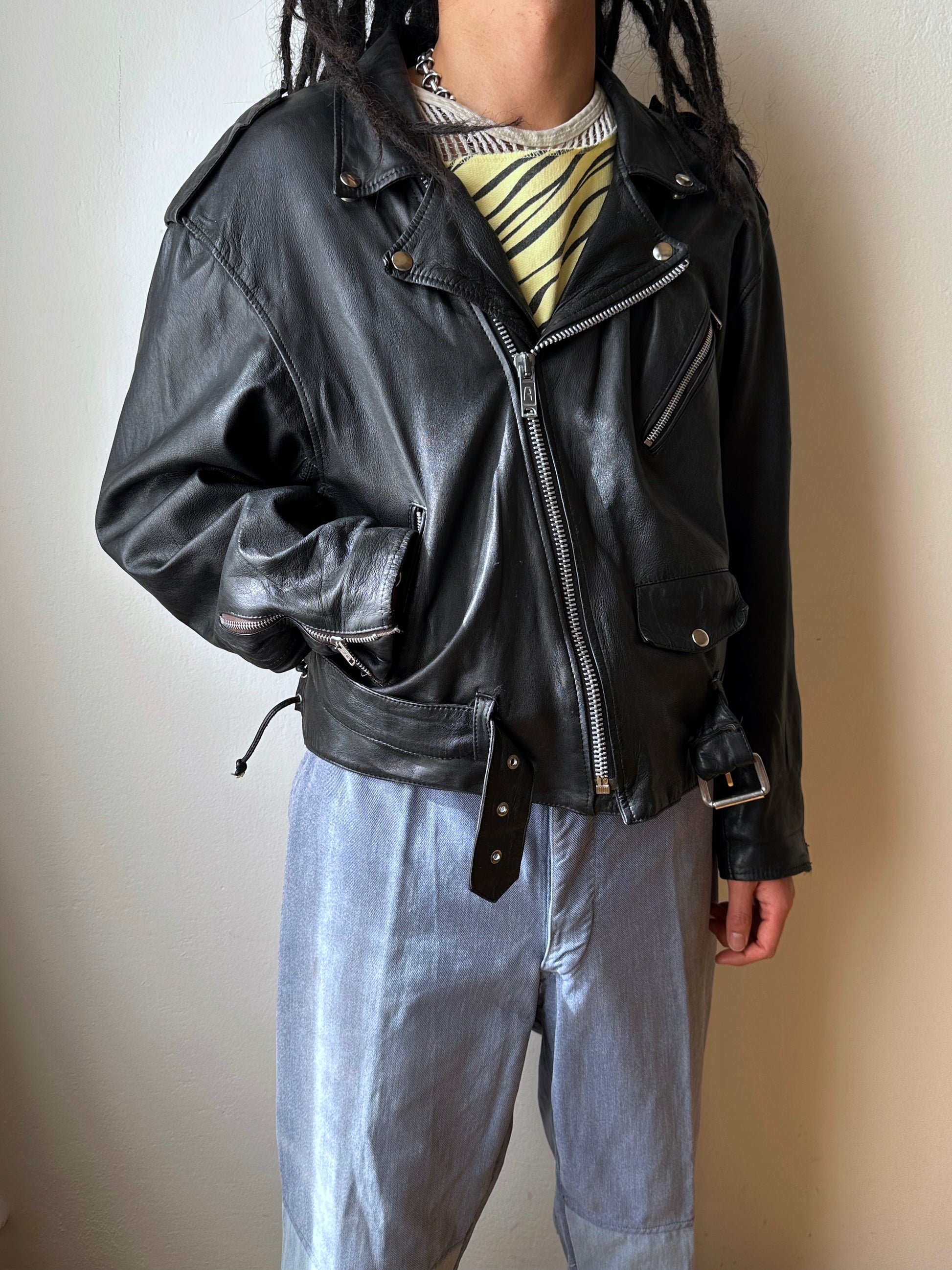 Leather Riders jacket 1980's 80s 80年代 ライダース ジャケット Black  黒  革ジャン PUNK パンク ハードコア Toto Praha Vintage clothing shop Antique shop 古着屋 プラハ Showroom appointment Prague ユーロ古着 ヨーロッパ古着 古着卸 ヴィンテージ