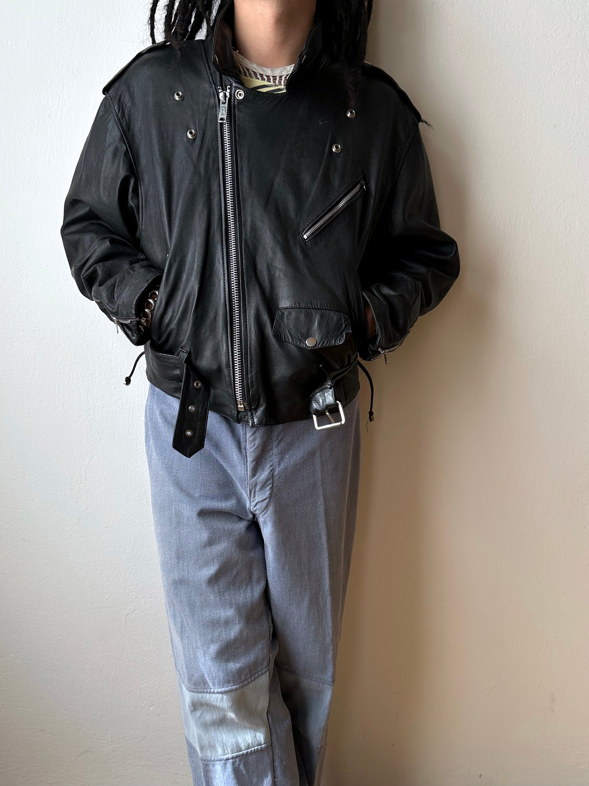 Leather Riders jacket 1980's 80s 80年代 ライダース ジャケット Black  黒  革ジャン PUNK パンク ハードコア Toto Praha Vintage clothing shop Antique shop 古着屋 プラハ Showroom appointment Prague ユーロ古着 ヨーロッパ古着 古着卸 ヴィンテージ