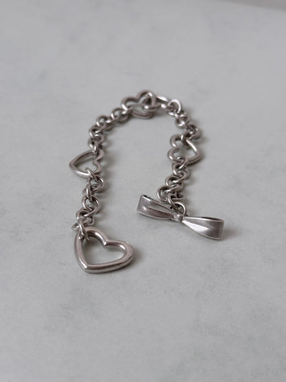 Vintage 925 heart link bracelet with ribbon clasp
