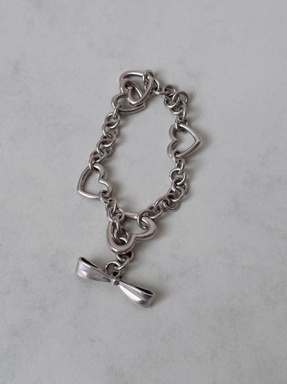 Vintage 925 heart link bracelet with ribbon clasp