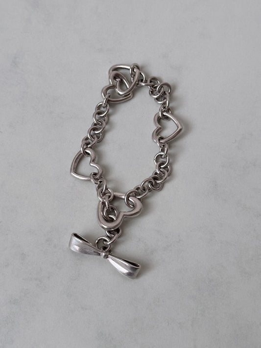Vintage 925 heart link bracelet with ribbon clasp