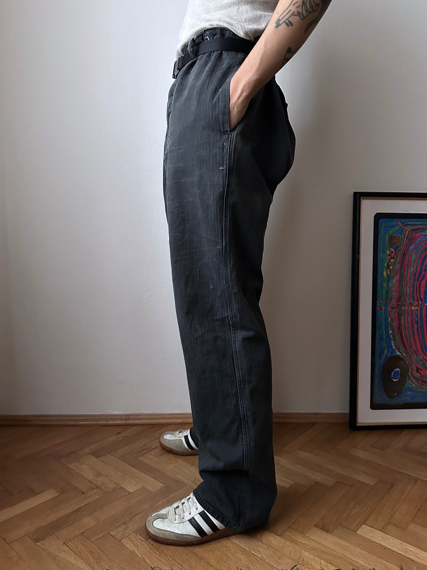 Black 黒 1980's East German work trousers 東ドイツ ワークパンツ 80年代 ヘリンボーン Vintage ヴィンテージ Toto Praha Antique shop Vintage clothing store Prague 古着屋 アンティークショップ ユーロ古着 ヨーロッパ古着 古着卸