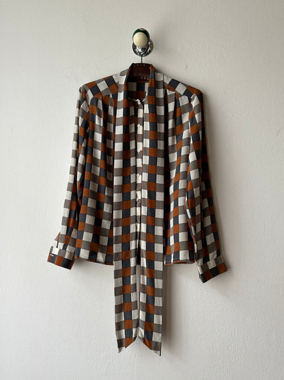 Avance block silk tie blouse