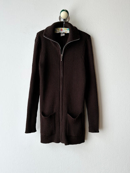 chocolate brown zip-up knit jacket