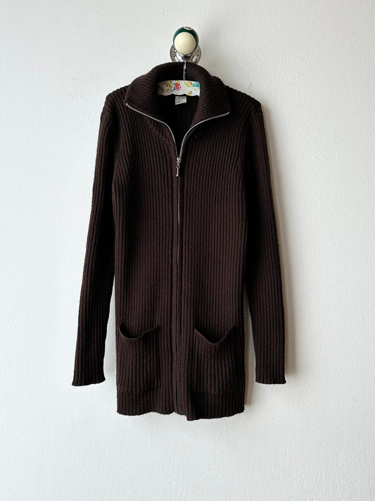 chocolate brown zip-up knit jacket