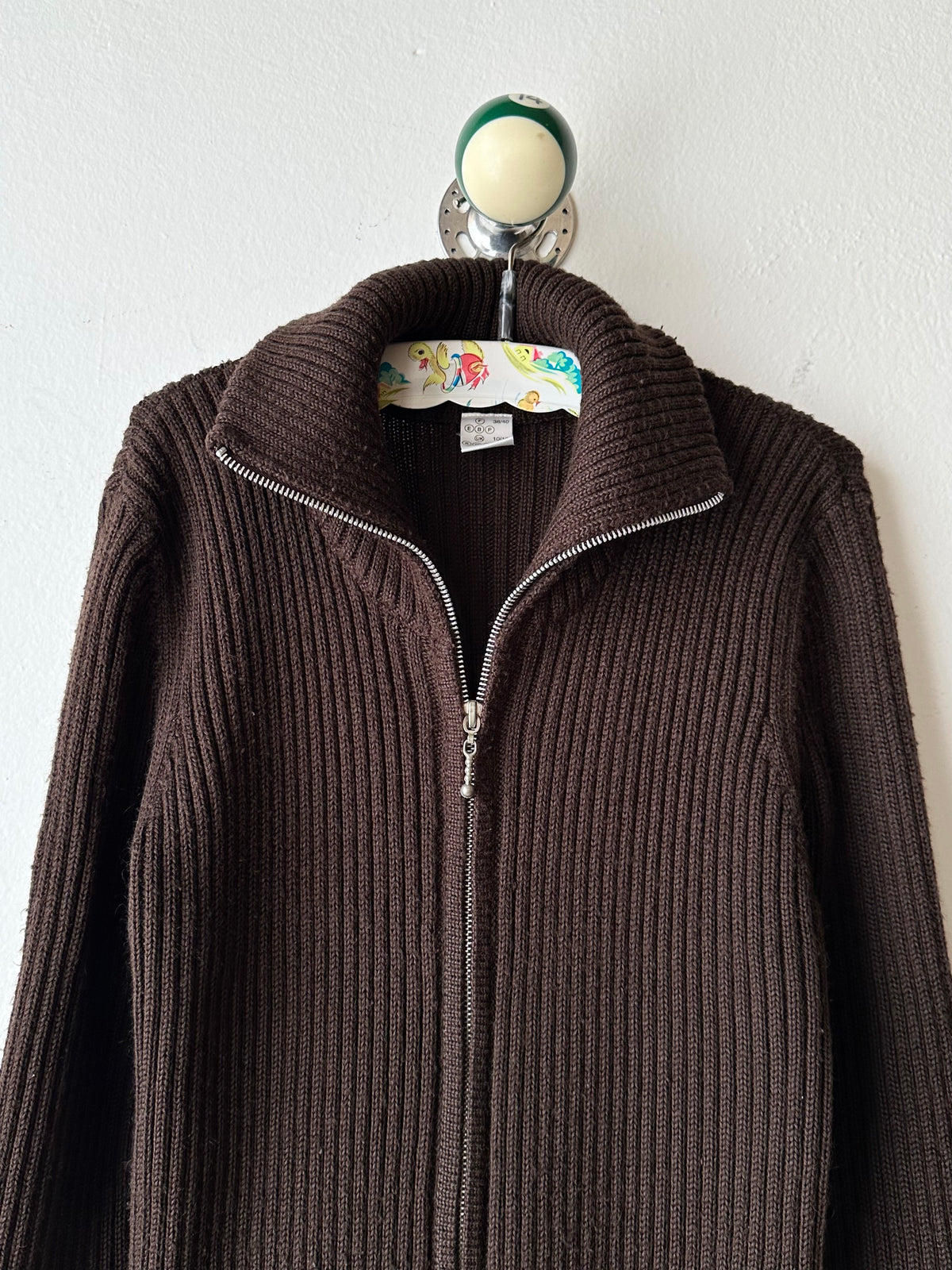 chocolate brown zip-up knit jacket
