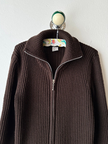 chocolate brown zip-up knit jacket