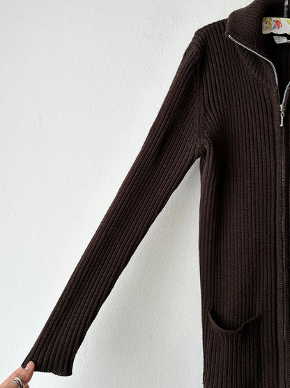 chocolate brown zip-up knit jacket