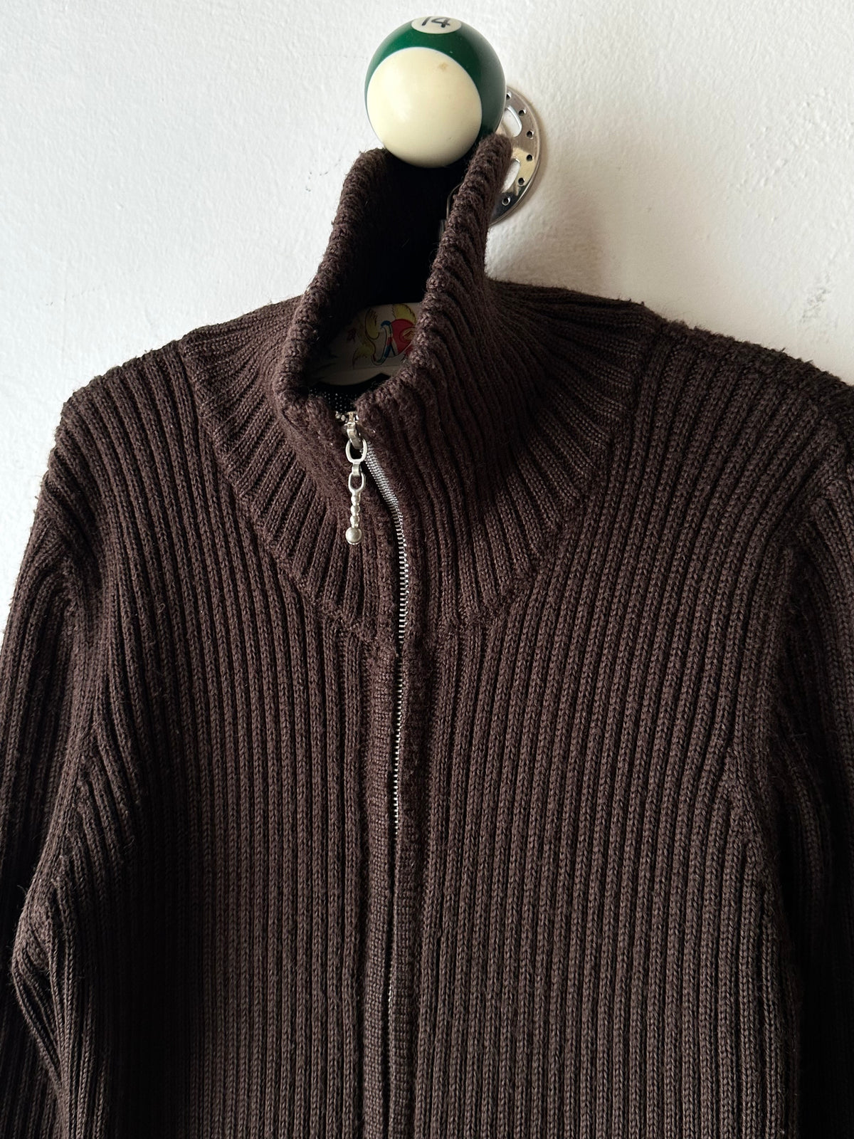 chocolate brown zip-up knit jacket