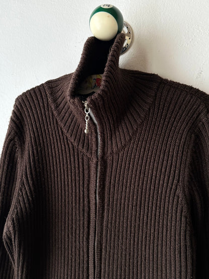 chocolate brown zip-up knit jacket