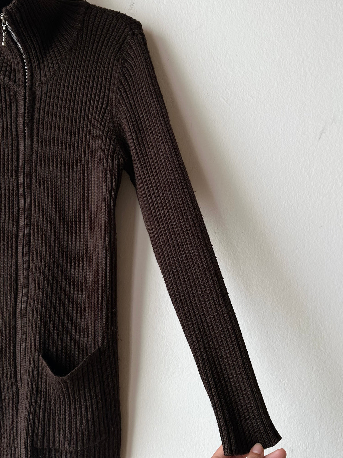 chocolate brown zip-up knit jacket