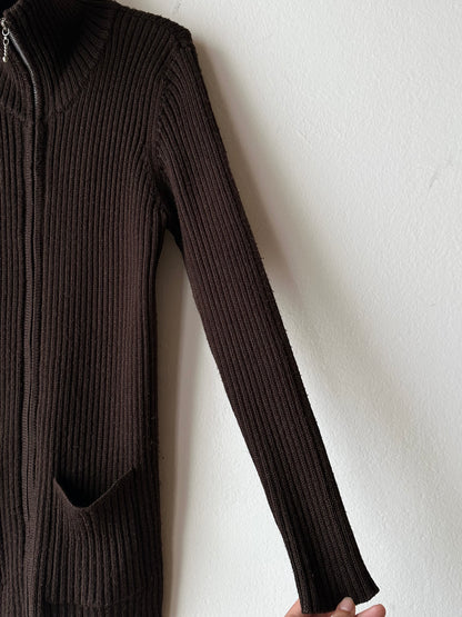 chocolate brown zip-up knit jacket