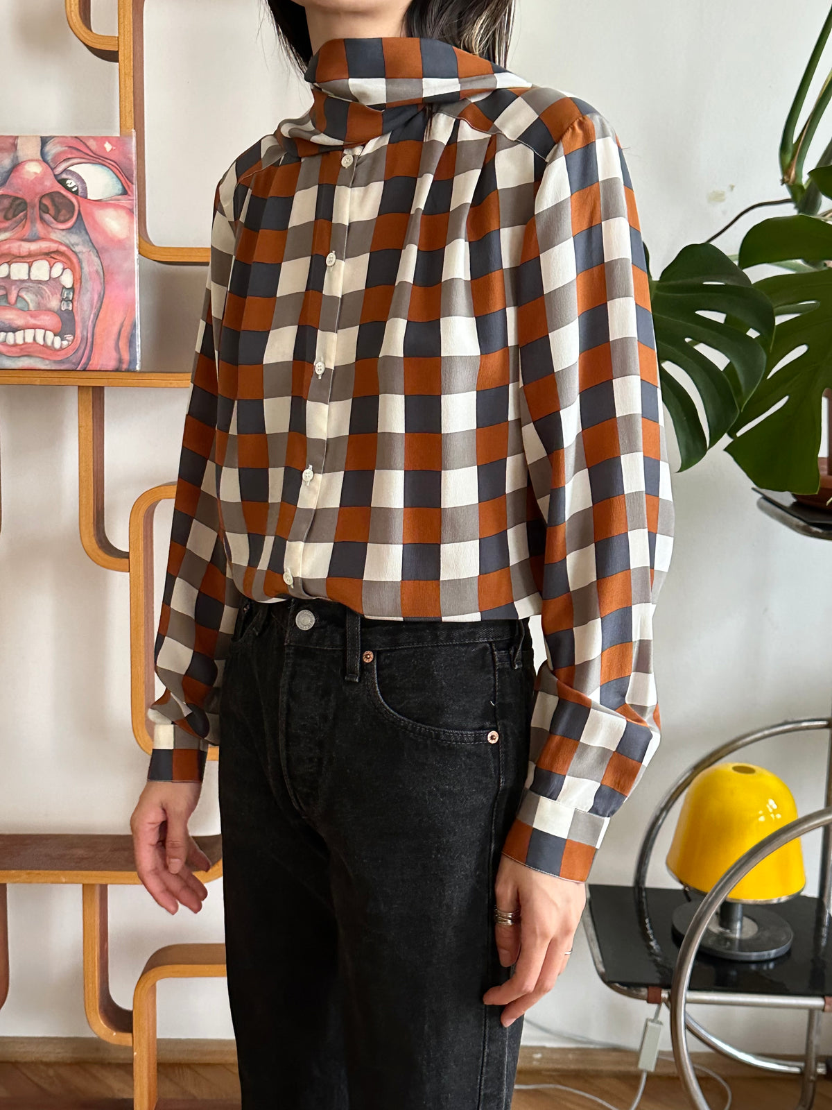 Avance block silk tie blouse