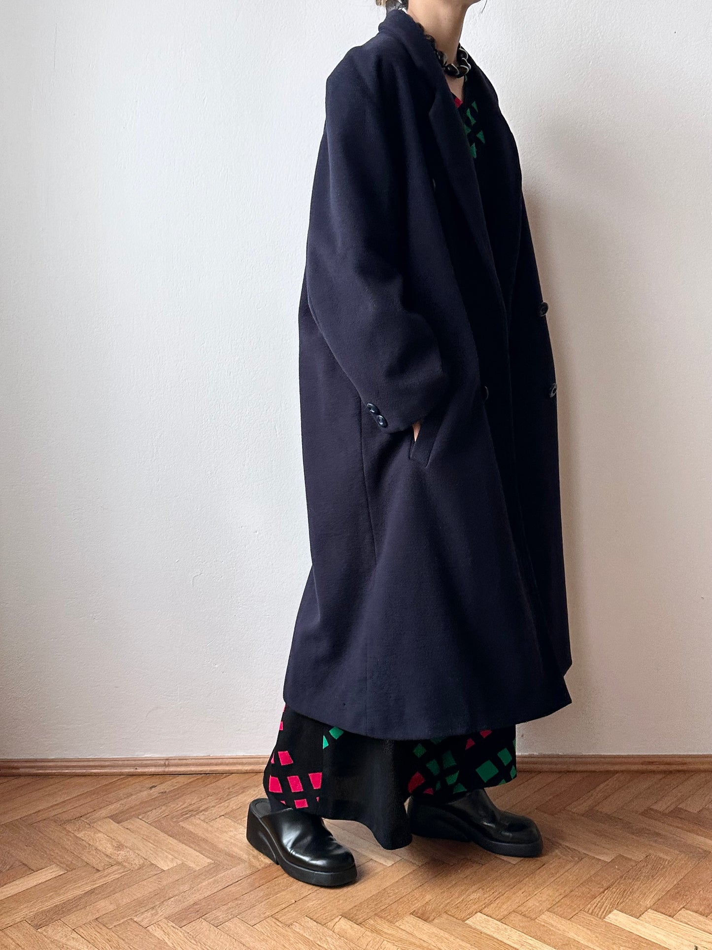 90s cashmere mix double breast navy coat