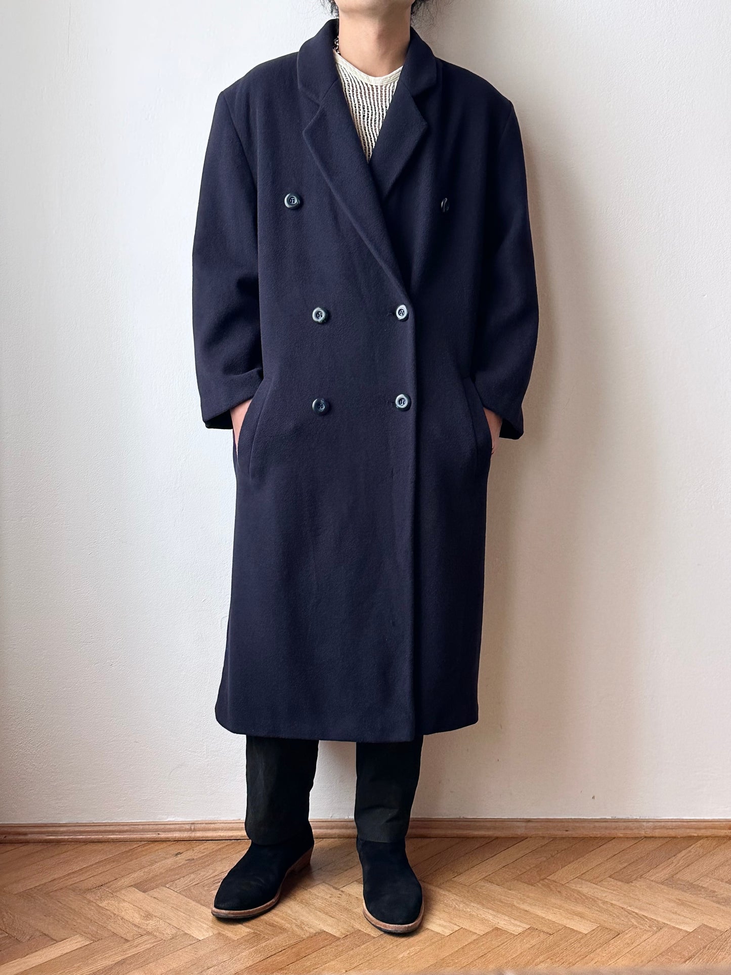 90s cashmere mix double breast navy coat