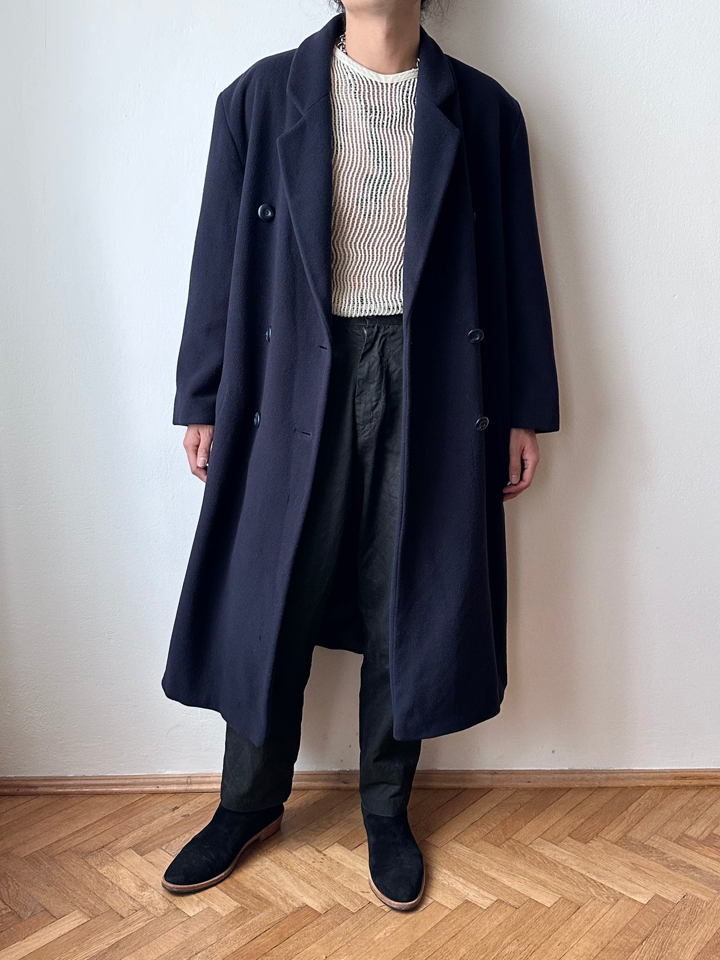 90s cashmere mix double breast navy coat