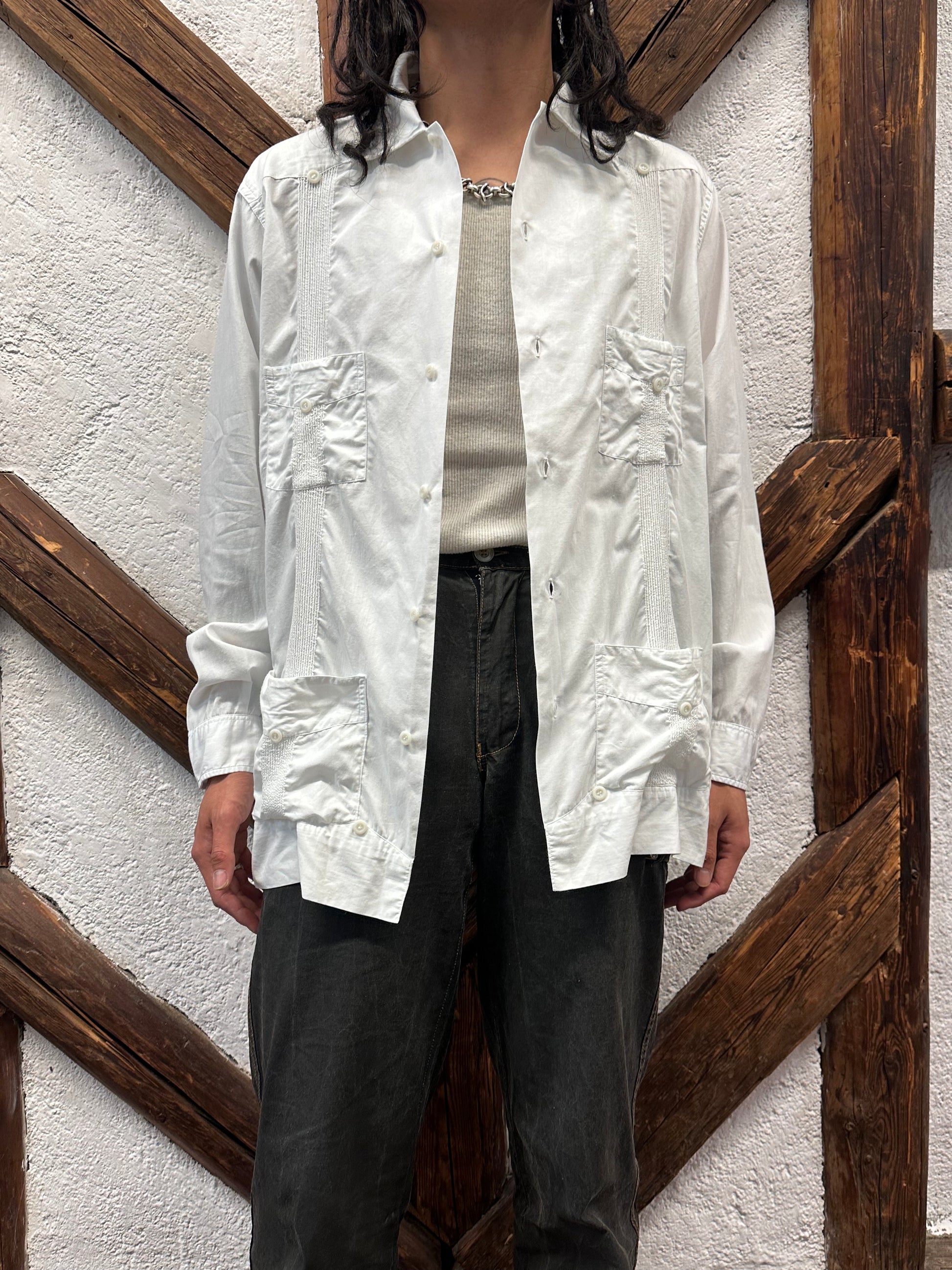 60s Mexican Guayabera Shirt 60年代 キューバシャツ Cuba shirt ヴィンテージ 白シャツ White shirt Toto Praha Vintage clothing store Antique shop Prague 古着屋 アンティークショップ プラハ ユーロ古着  ヨーロッパ古着 古着卸 