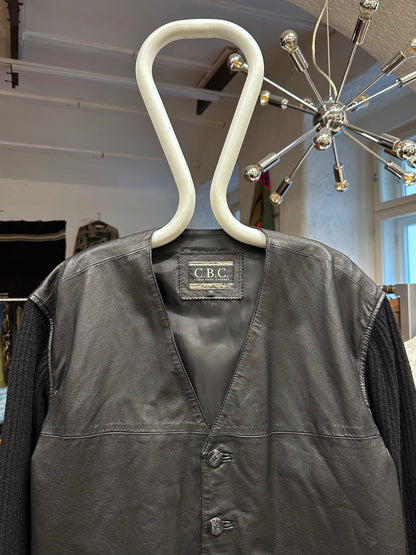 Leather Wool Cardigan レザー ニット 
カーディガン Black 黒 エルボーパッチ Toto Vintage store Vintage clothing Praha Prague プラハ 古着屋 古着 ユーロ古着 ヨーロッパ古着 古着卸 フランス買い付け